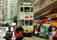 香港、北角の市場を走るトラム