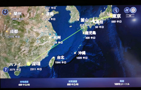 深圳航空東京深圳便のフライトマップ