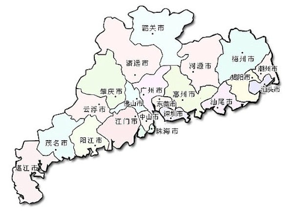 広東省の地図　江門市は広州市や深圳市の西側（左側）にある